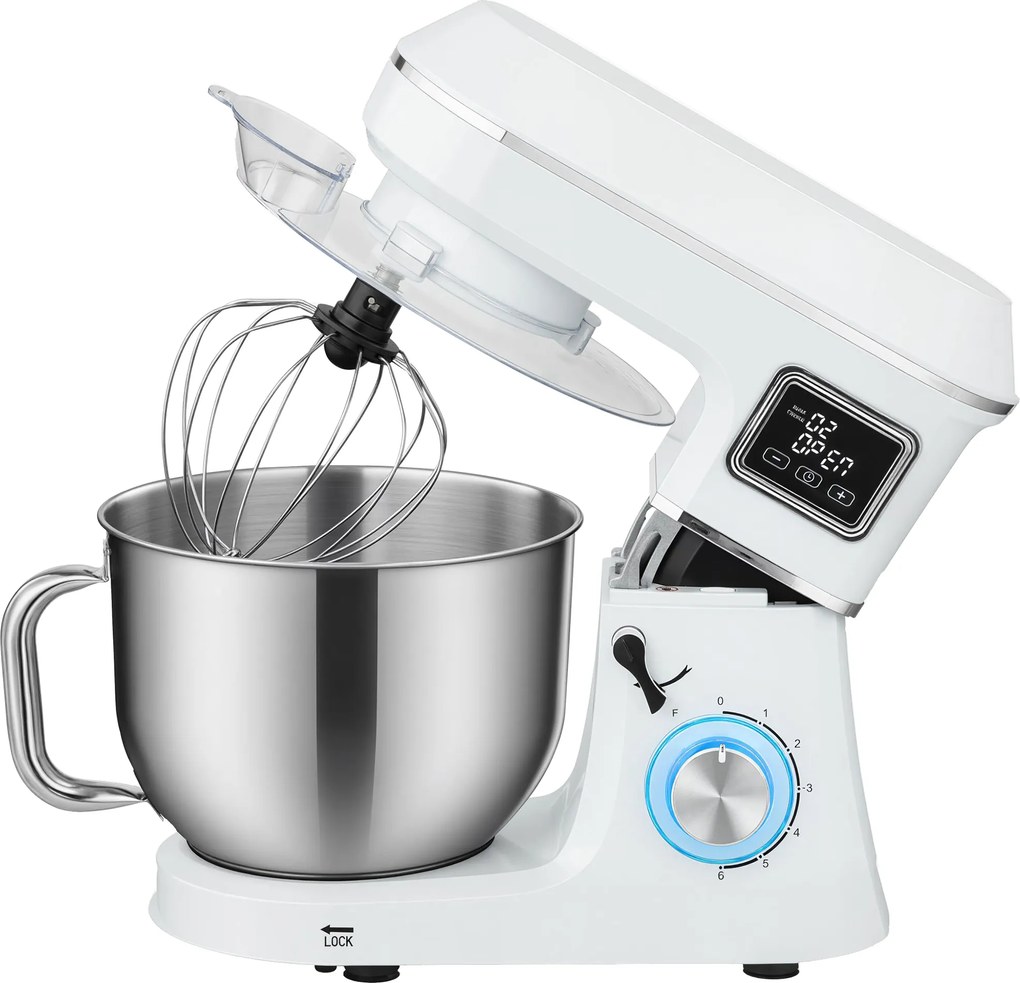 HOMCOM Mixer planetar 6 L 1400 W cu cap înclinat 6 viteze Funcție de fermentare Ecran LED Alb | Aosom Romania