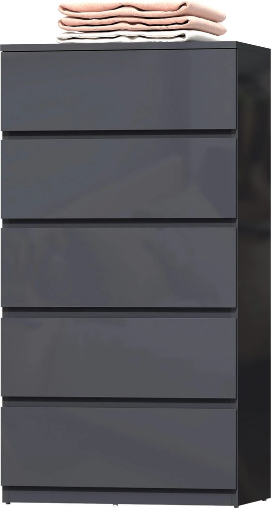 HOMCOM Comodă cu 5 sertare, mobilier de depozitare cu finisaj foarte lucios, închidere amortizată și silențioasă, 53 x 34 x 100 cm, gri | Aosom Romania