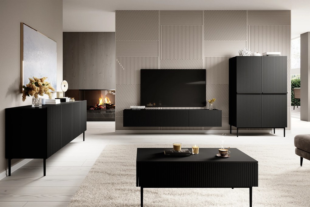 Comodă TV cu sertar Nicole 150 cm pe picioare metalice - negru mat / picioare negre