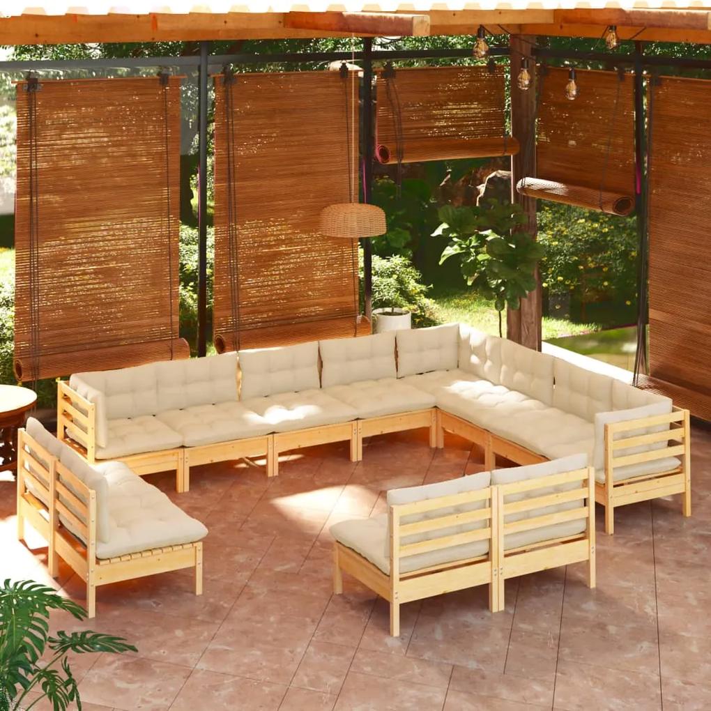 3096875 vidaXL Set mobilier grădină cu perne crem, 12 piese, lemn masiv de pin