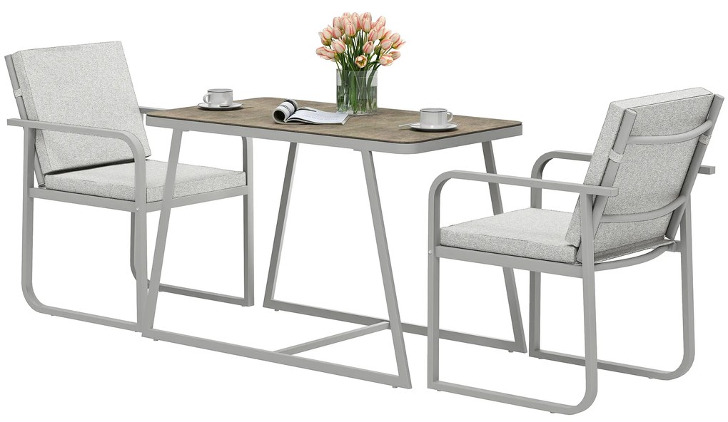 Outsunny Salon de jardin exterior 2 persoane, masă de grădină exterioară cu 2 scaune, 4 perne cadru din oțel gri | Aosom Romania