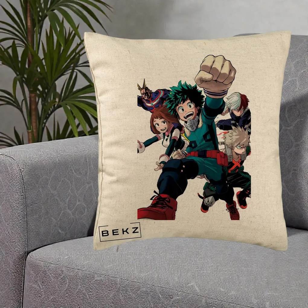 Perna Personalizata My Hero Academia Izuku Deku si Echipa, 40x40 cm, Bej, Husa Detasabila, Perna Inclusa, BEKZ®
