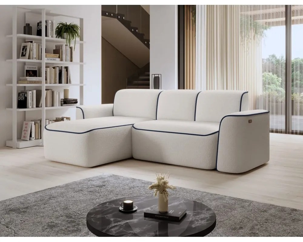 Colțar albastru/crem cu tapițerie din țesătură bouclé (cu colț pe partea stângă/cu șezlong) Ume – ELTAP