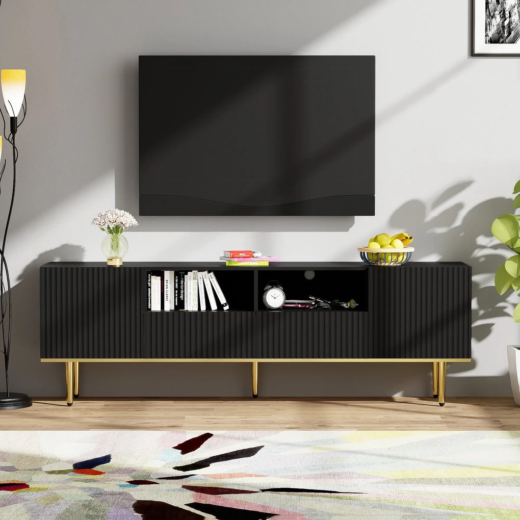 Mobilier TV Modern Modern cu Detalii Aurii, Două Rafturi și Două Sertare, din Lemn de Înaltă Calitate, 165x36x55 cm, Negru