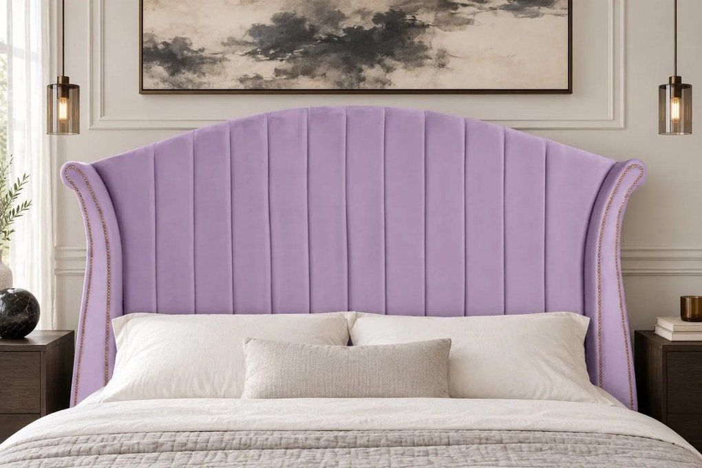 Pat tapițat din catifea Velluto Line 160×200 cm, lila, cu ladă de depozitare
