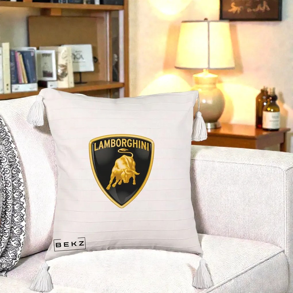 Perna Personalizata cu emblema Lamborghini, 40x40 cm, Bej cu Franjuri, Husa Detasabila, Perna Inclusa, BEKZ®