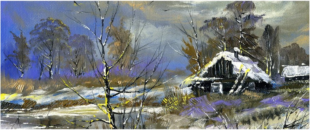 Tablou -Cabane într-un peisaj de iarnă, pictură în ulei (120x50 cm)