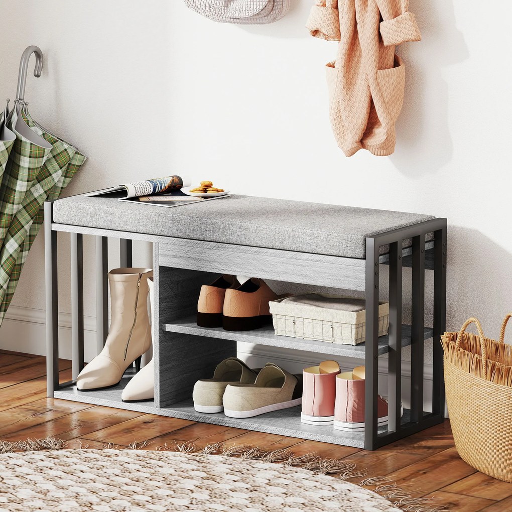 HOMCOM Suport pentru pantofi cu bancă de ședere, mobilier de hol pentru pantofi, dulap cu design în 3 trepte, pentru hol, intrare, camera de zi, dormitor, Gri | Aosom Romania