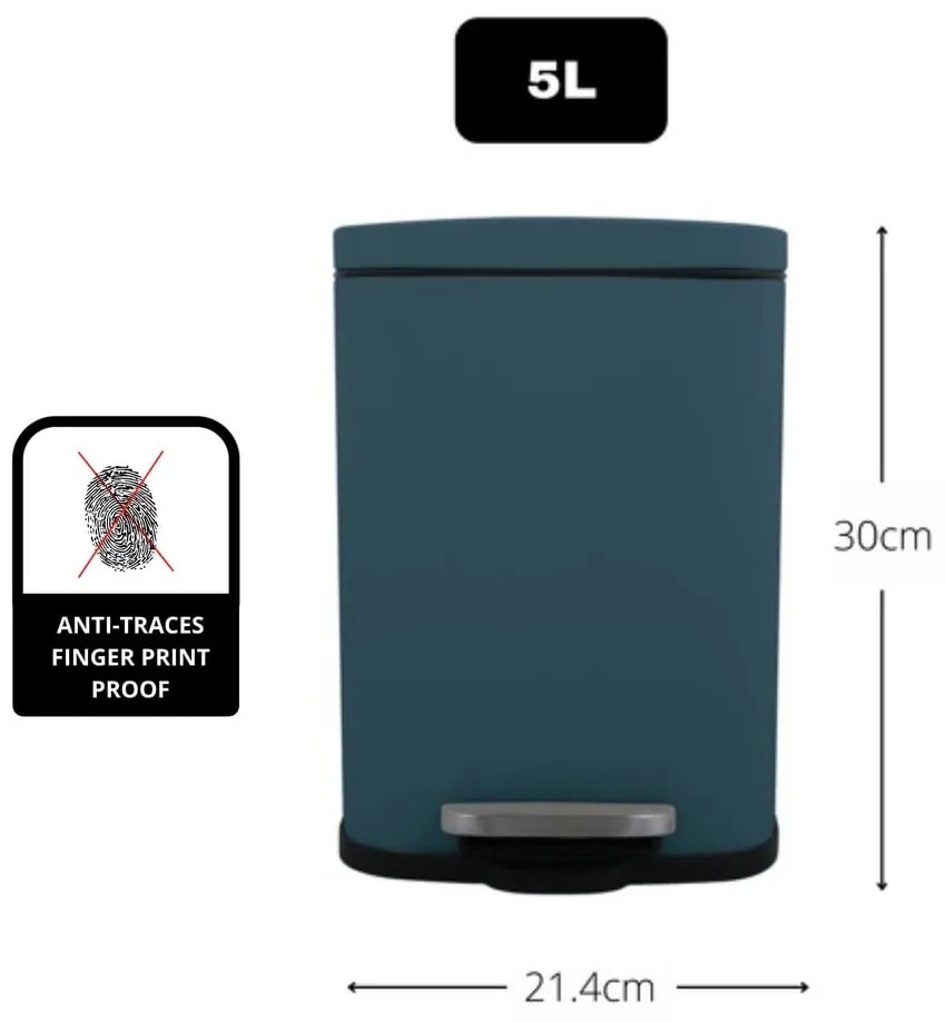 Coș de gunoi petrol cu pedală din oțel 5 l Akira – Spirella