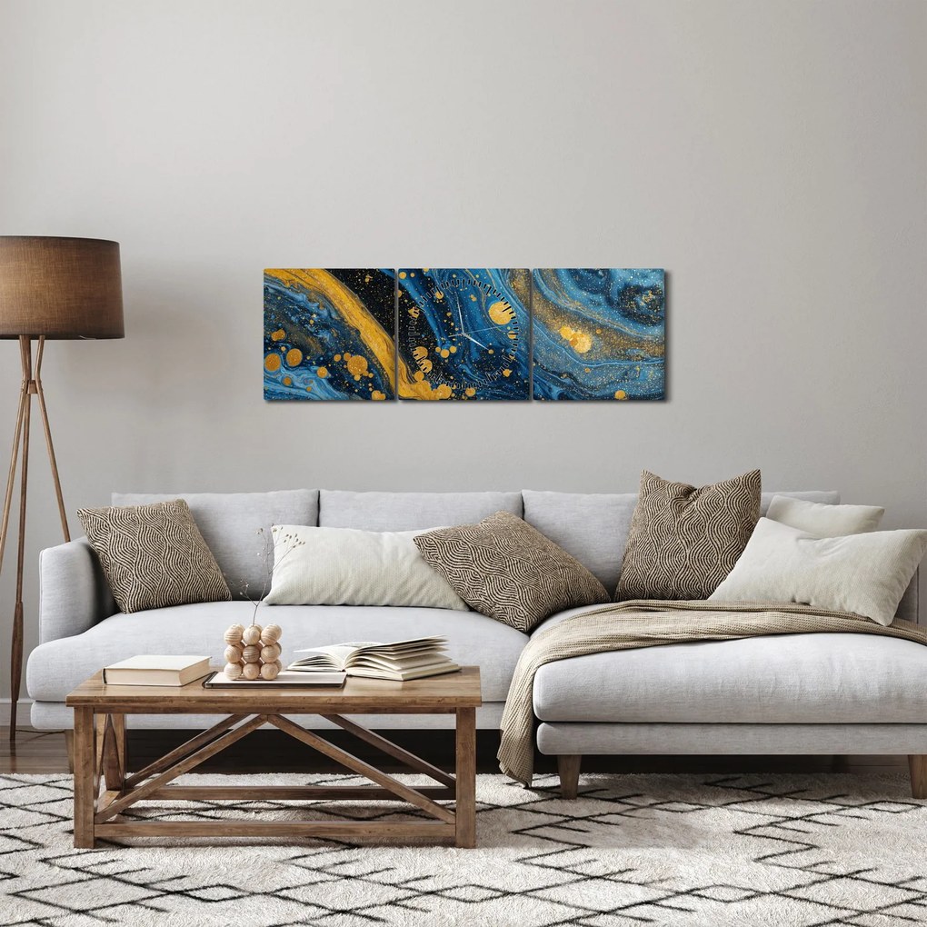 Tablou - Abstracție albastră cu aur (cu ceas) (90x30 cm)