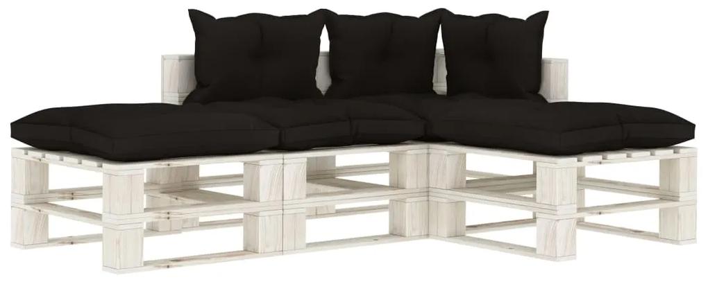 Set mobilier de gradina din paleti cu perne negre, 4 piese, lemn Alb si negru, 1