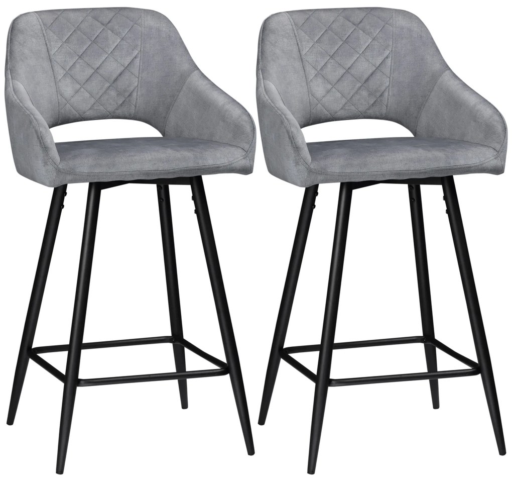 HOMCOM Set de 2 scaune de bar inalte efect de catifea si otel negru cu suport pentru picioare, accesorii pentru brate inaltime 67 cm gri | Aosom Romania