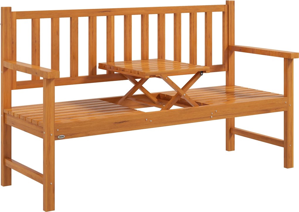 Outsunny Bancă de Grădină pentru 2-3 Persoane din Lemn de Pin, Bancă de Exterior cu Măsuță Rabatabilă și Brațe, pentru Balcon și Terasă, 153x56x91 cm, Maro Deschis | Aosom Romania