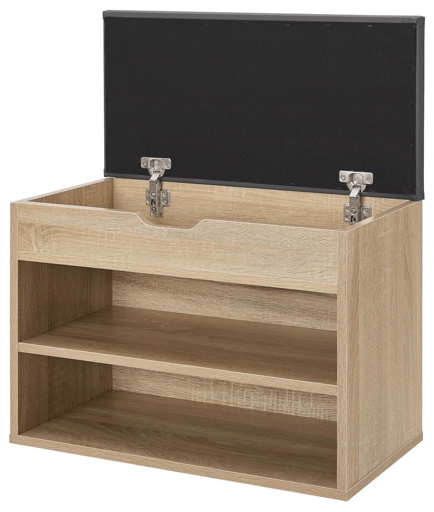 Suport pantofi cu capac rabatabil si scaun tapitat 60 x 30 x 44 cm aspect lemn