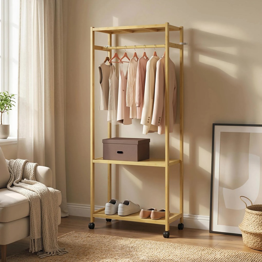 HOMCOM Cuier de Podea cu Bară și 4 Roți, Economisire Spațiu, Cuier din Bambus cu Rafturi Inferioare, pentru Dormitor, Hol, 70x35x175 cm, Lemn Natural | Aosom Romania