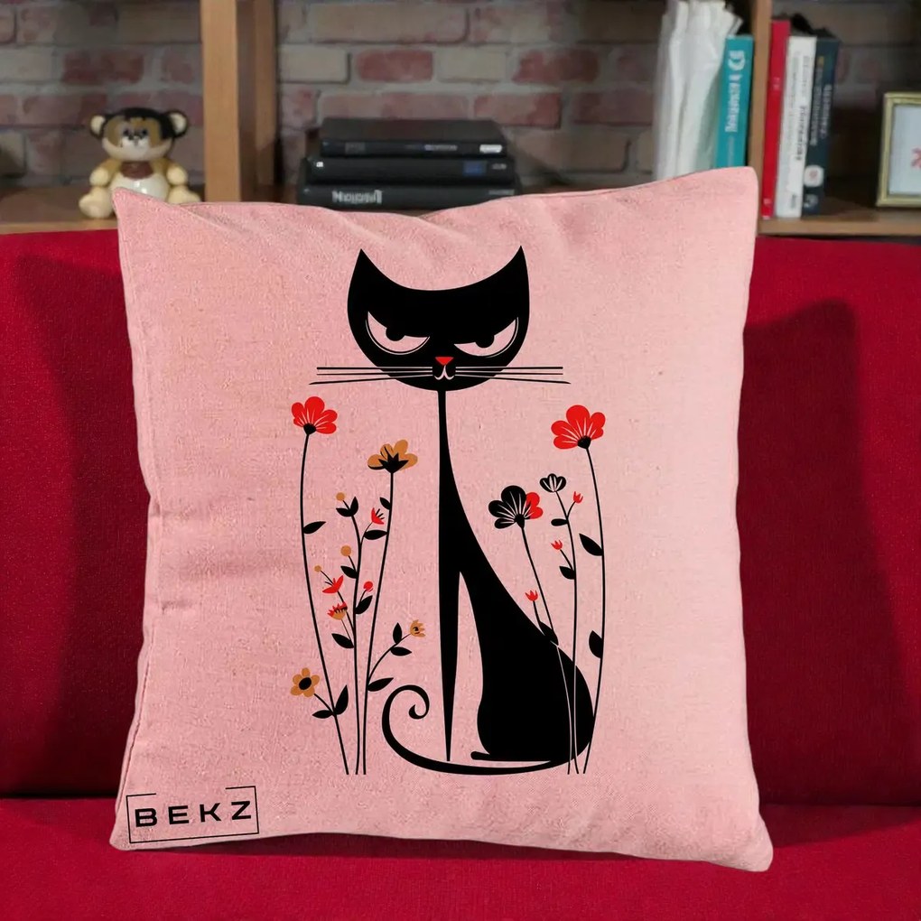 Perna Decorativa Pisica Neagra Grafica Flori Rosii, 40x40 cm, Roz, Husa Detasabila, Perna Inclusa, BEKZ®