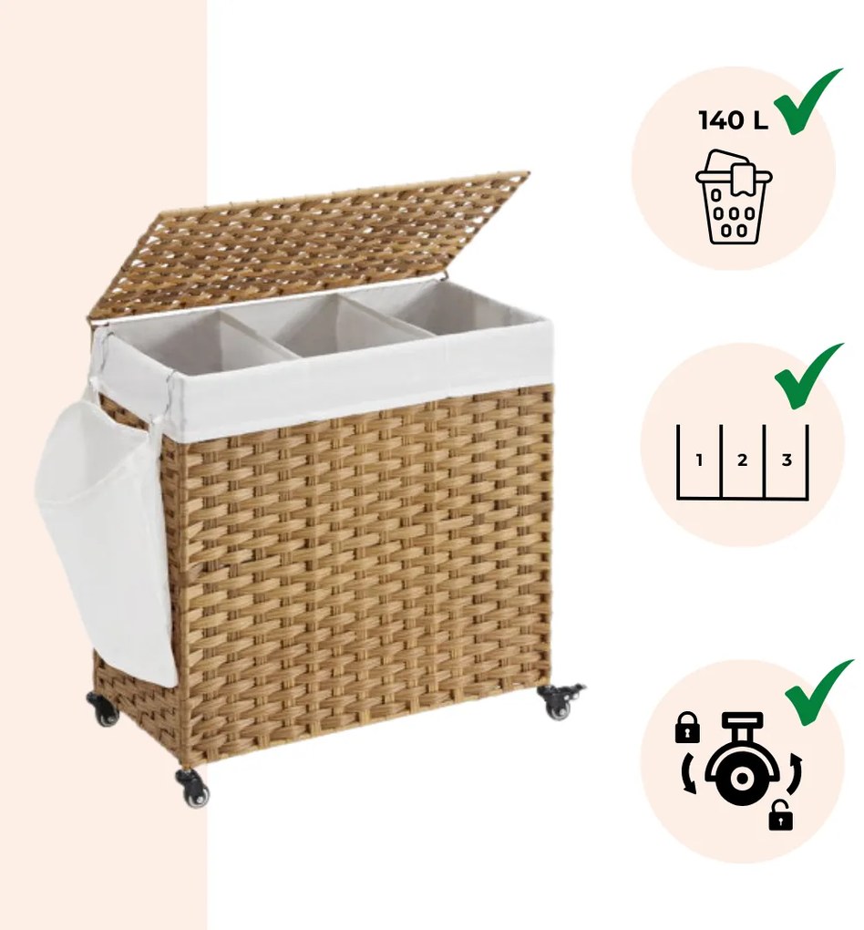 Coș de rufe pe roți din ratan sintetic AVA, 140L, maro natural Jurhan