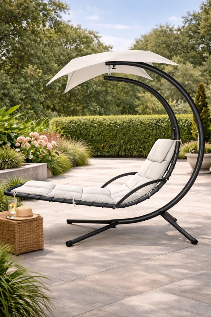 Șezlong suspendat din oțel, cu pernă încorporată, baldachin detașabil, Ivory