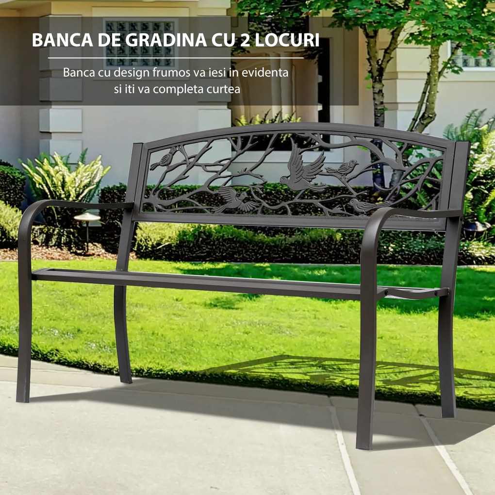 Banca de Exterior din Fonta cu Spatar Outsunny cu Decoratiuni, Maro 127x60cm | Aosom Romania