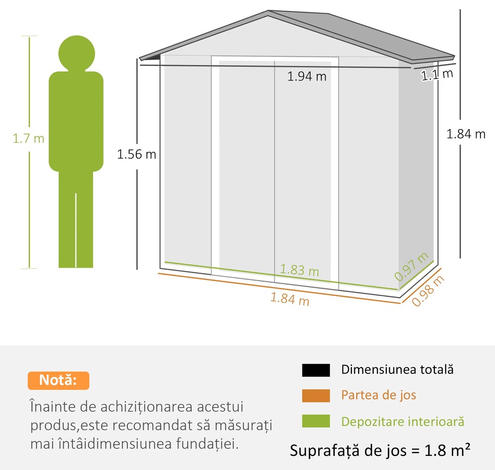 Outsunny  Magazie de Grădină cu Ușă Dublă Culisanta, 4 Prize de Aerisire și Sistem de Blocare, 194x110x184 cm, Gri | Aosom Romania