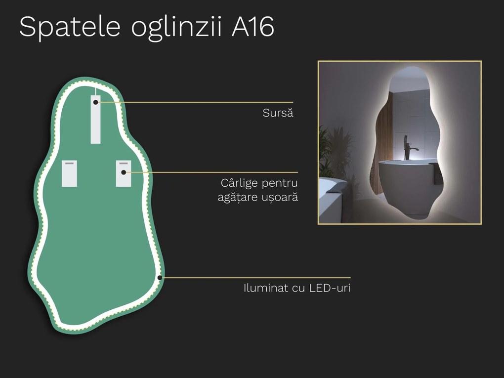 Oglindă LED organică cu iluminare A16 32x60