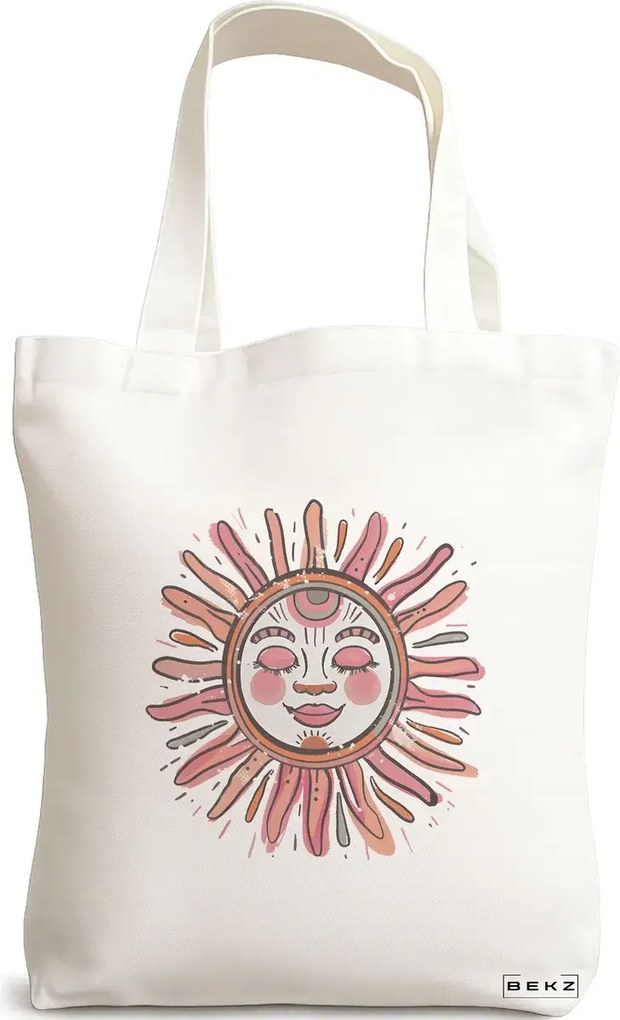 Sacosa de Panza pentru Cumparaturi, Geanta Tote Happy Sun 2, 38x34.5 cm, Alba, BEKZ®