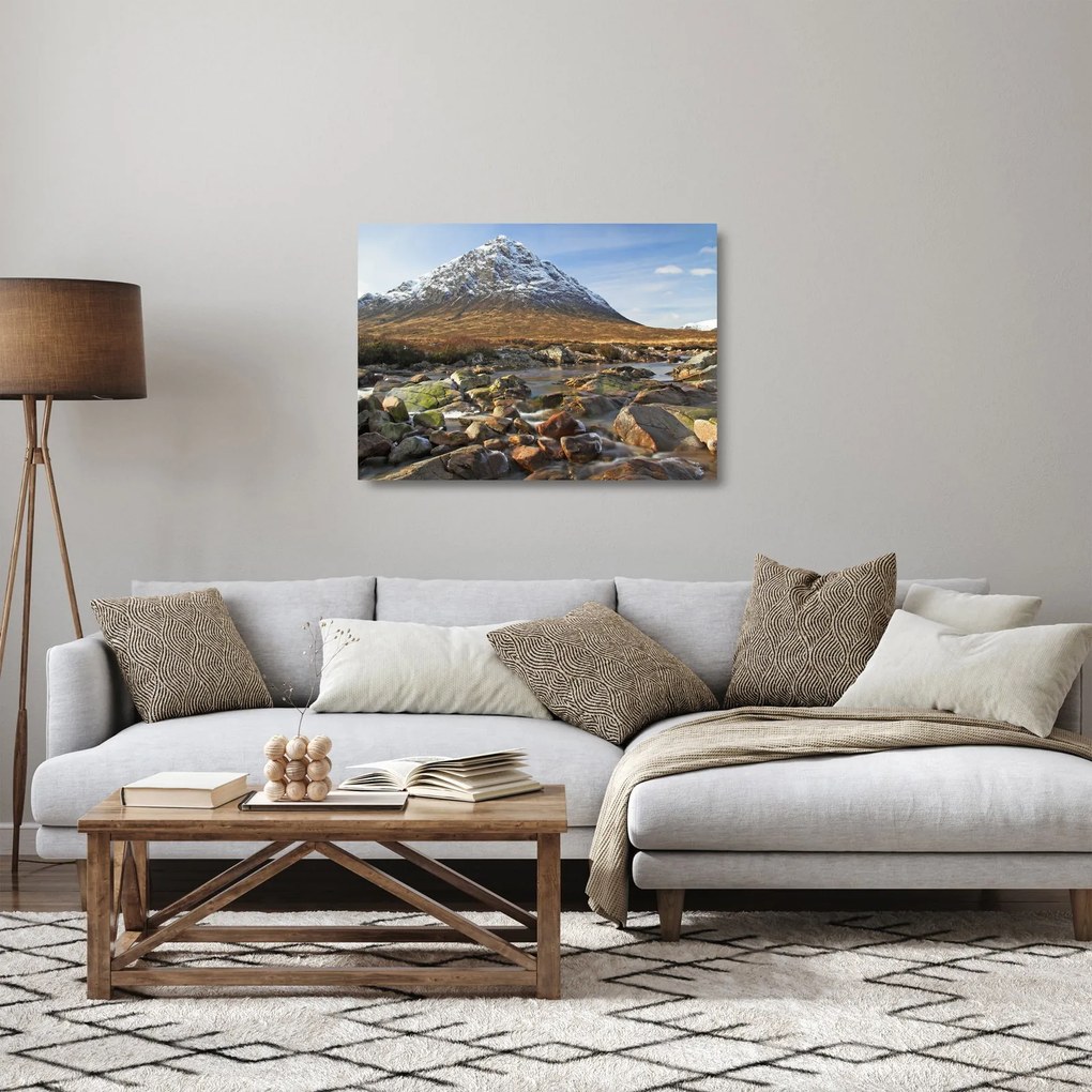 Tablou pe sticlă - Munte cu râu (70x50 cm)