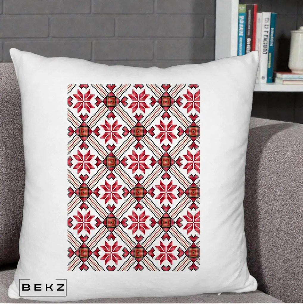 Perna Personalizata Motiv Traditional Ie Romaneasca Rosu, 40x40 cm, Alb Pufos, Husa Detasabila, Perna Inclusa, BEKZ®