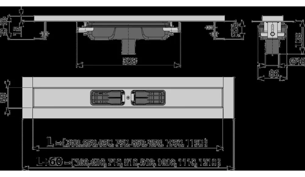 Rigola de dus 115 cm, cu margine pentru gratar perforat, otel inoxidabil 1150 mm