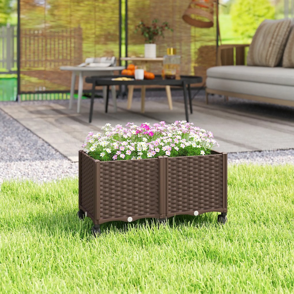 Outsunny Jardinieră Ridicată din Plastic, 85L, Spațiu pentru Grădinărit în Aer Liber cu Roți Blocate, Sistem de Autoirigare, Orificii de Drenaj, Ideală pentru Plante, Legume și Flori, Maro | Aosom Romania