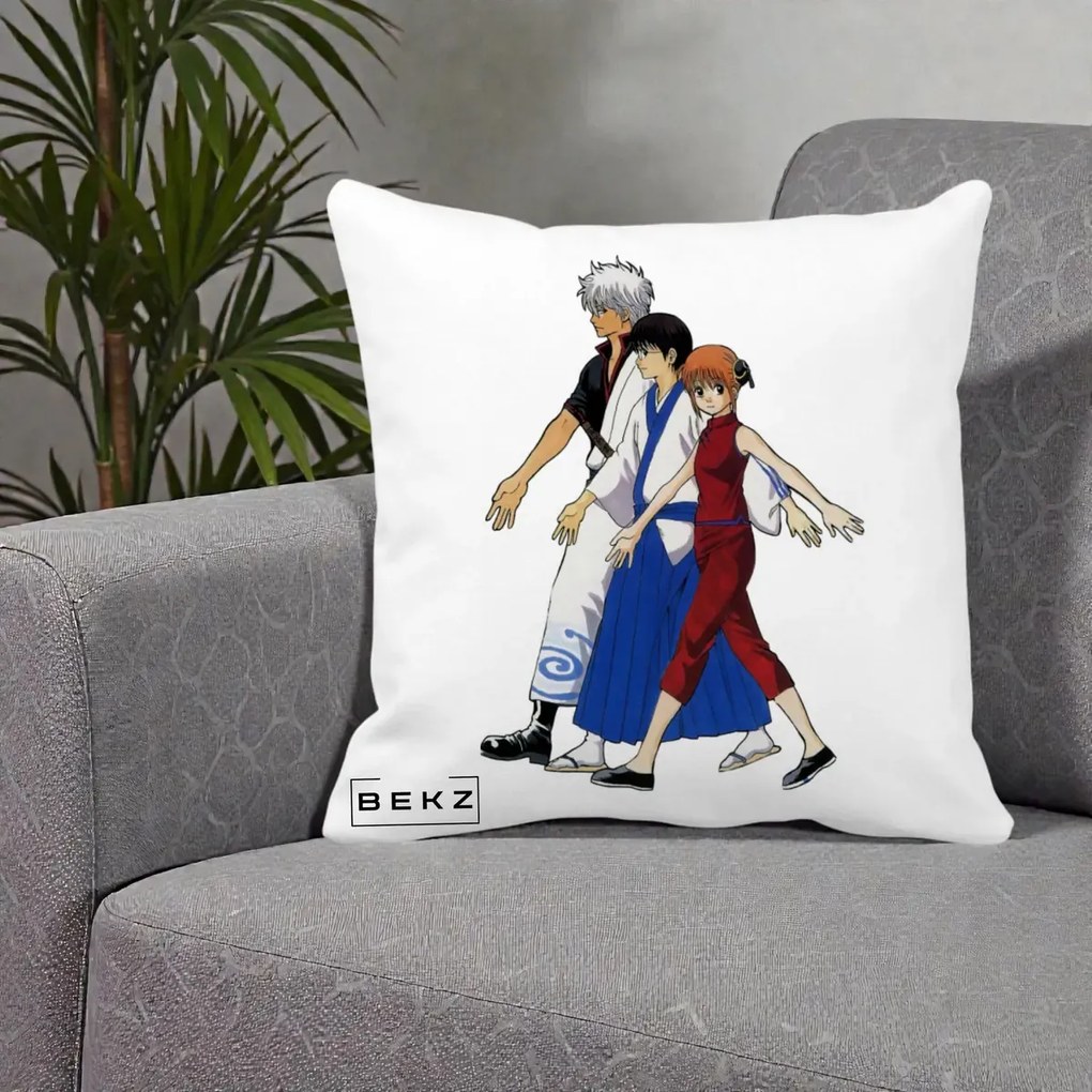 Perna Personalizata Gintama Trio Gintoki Shinpachi Kagura, 40x40 cm, Alba Mata, Husa Detasabila, Perna Inclusa, BEKZ®