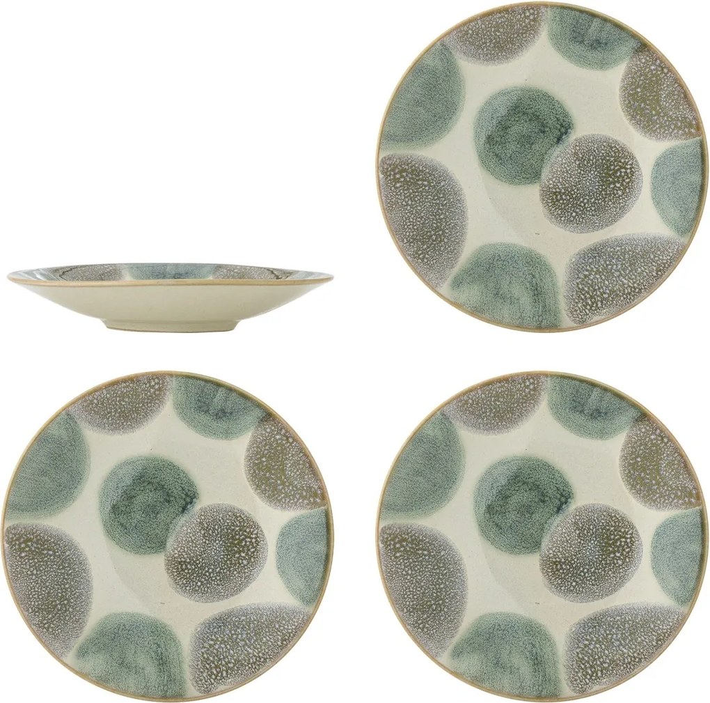 Set 4 farfurii mici din ceramică natur, pictate manual cu pete artistice în verde și maro, „Bethany", 13,5 x 2,5 cm
