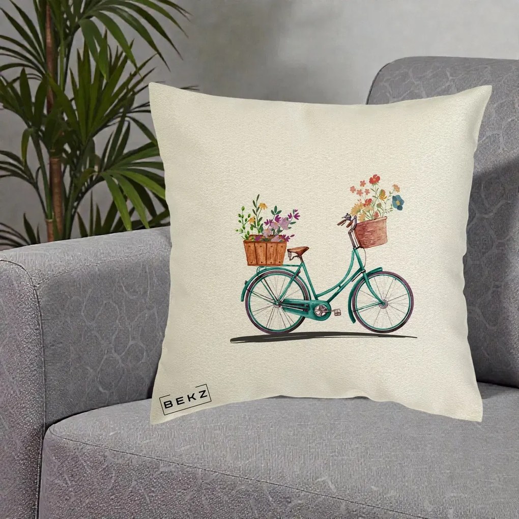 Perna Decorativa Bicicleta Florala Turcoaz Acuarela, 40x40 cm, Ecru, Husa Detasabila, Perna Inclusa, BEKZ®