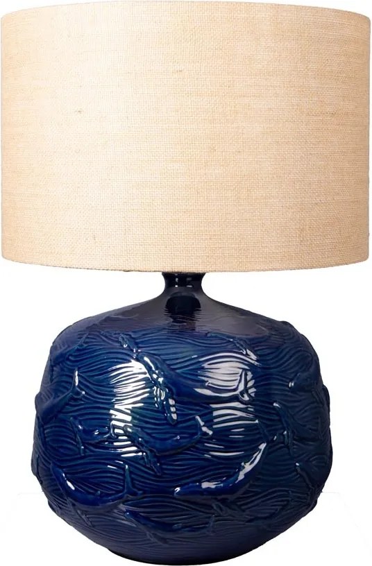Lampă de masă din iută naturală, cu structură din ceramică albastră, finisaj lucios, 70×50 cm, „Azula"
