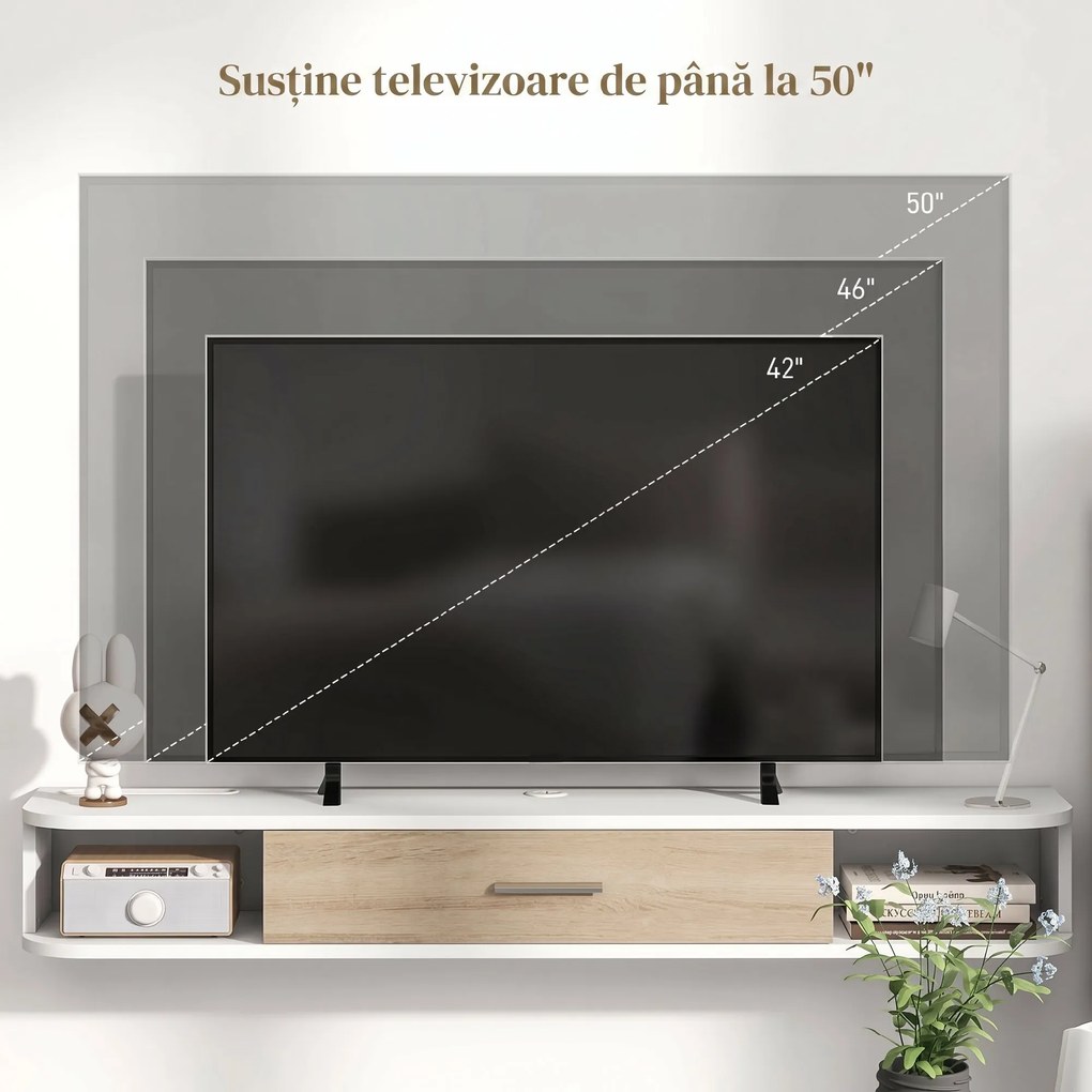 HOMCOM,Suport TV,Cu 2 Rafturi Deschise și Dulap cu Ușă Rabatabilă,MDF,120cm x 26cm x 16cm,Alb, gri | Aosom Romania