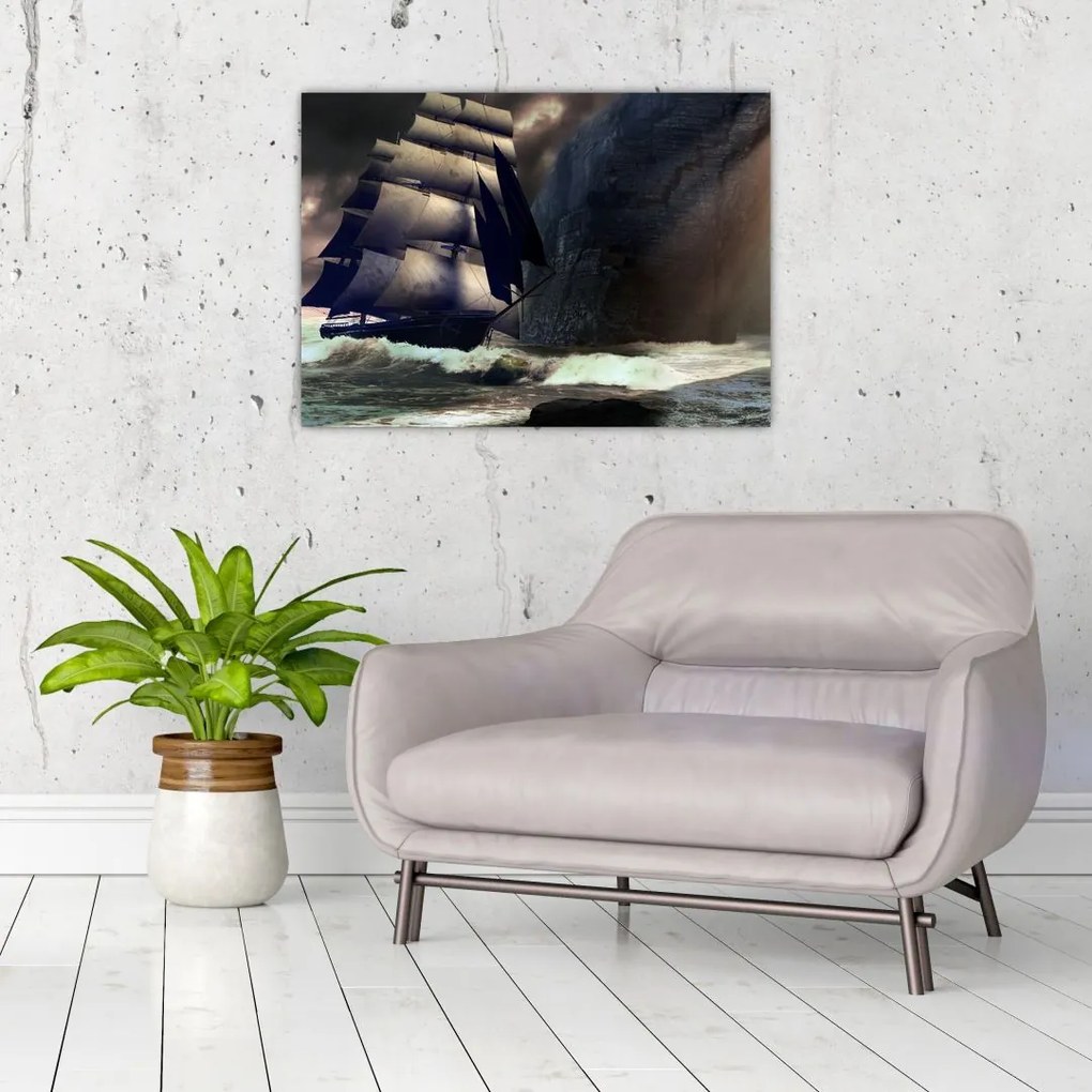 Tablou pe sticlă - Navă printre recife (70x50 cm)