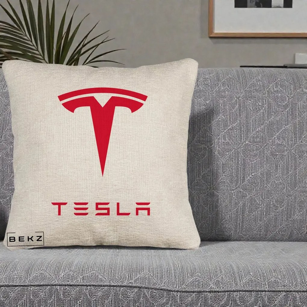 Perna Personalizata cu emblema Tesla, 40x40 cm, Bej Canapea, Husa Detasabila, Perna Inclusa, BEKZ®