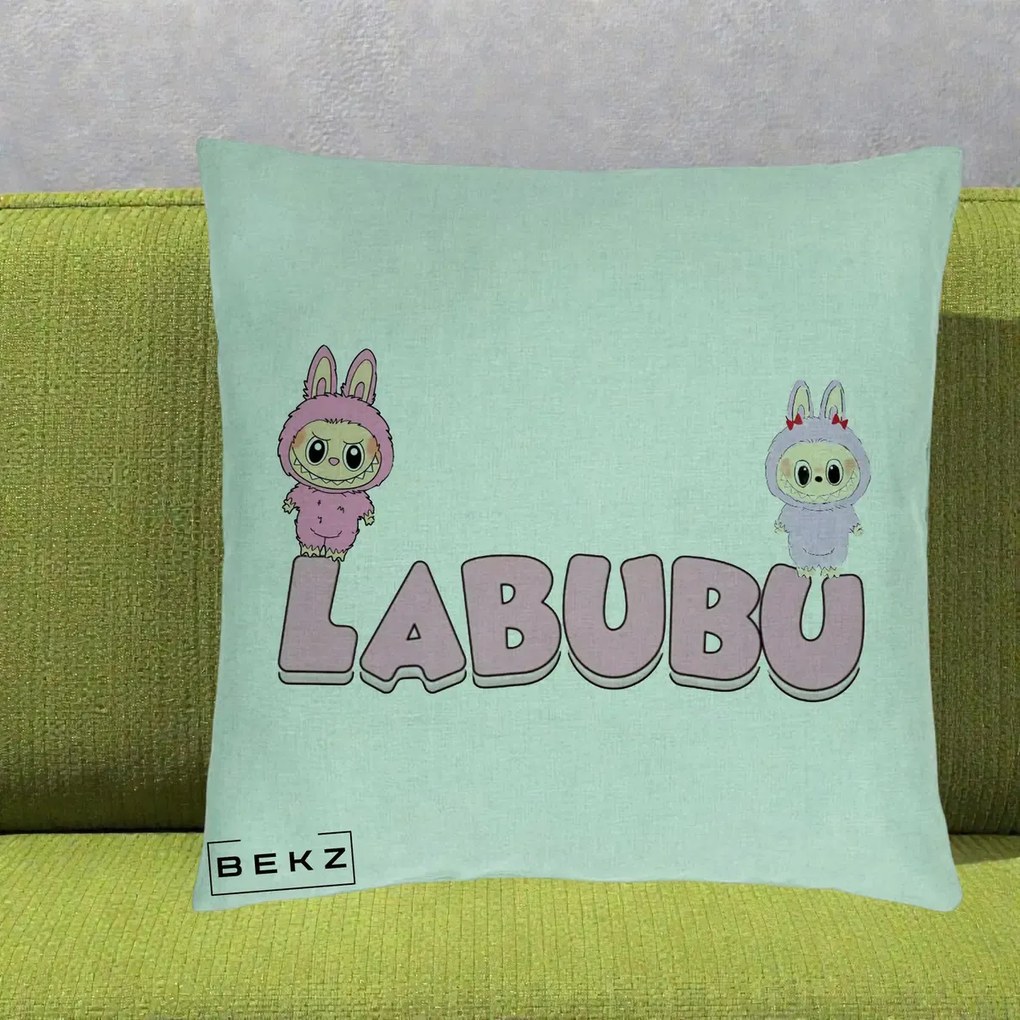 Perna Personalizata Labubu Duo Roz-Lila cu Text, 40x40 cm, Verde Menta, Husa Detasabila, Perna Inclusa, BEKZ®