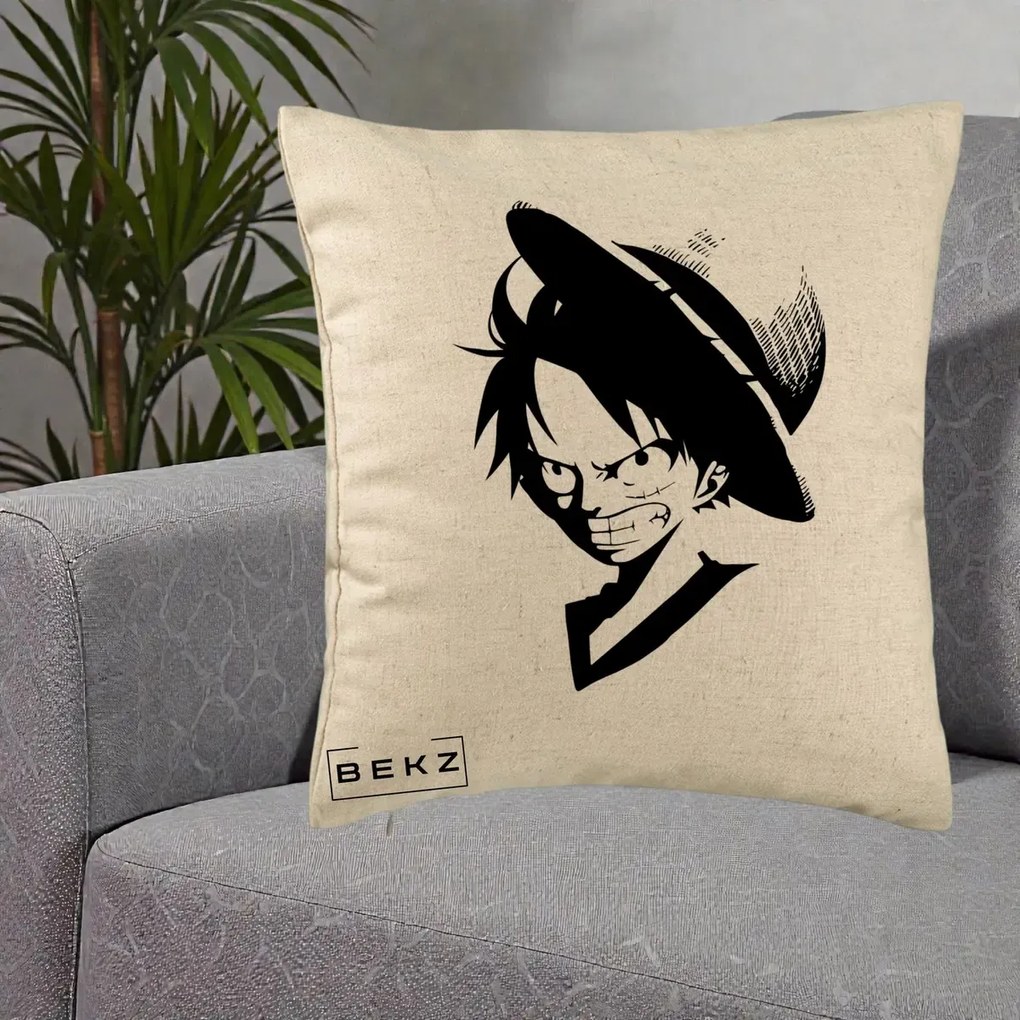 Perna Personalizata One Piece Luffy Silueta Alb-Negru, 40x40 cm, Bej, Husa Detasabila, Perna Inclusa, BEKZ®