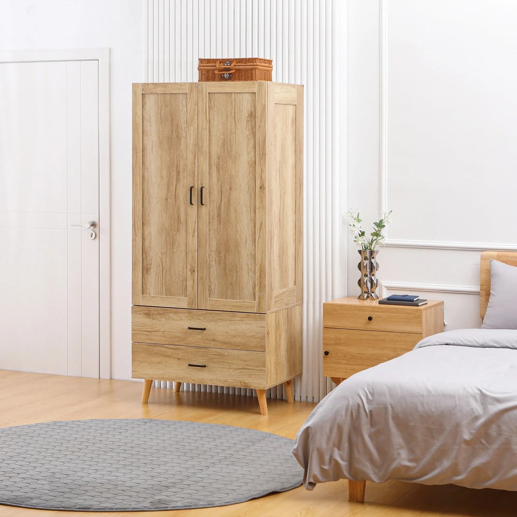 HOMCOM Dulap Dormitor 2 Uși cu 2 Sertare și Bară pentru Umerașe 80x54x180 cm Lemn | Aosom Romania