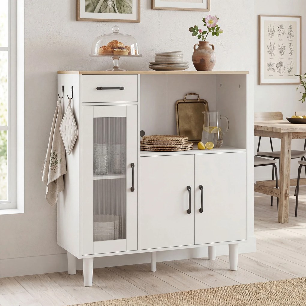 HOMCOM Bufet dulap de bucătărie cu sertar, 2 dulapuri, compartiment deschis, ușă acrilică nervurată 80 x 34 x 91 cm Alb+Stejar | Aosom Romania