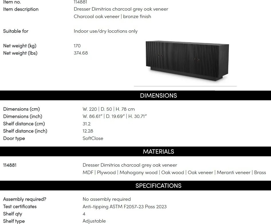 Comoda design LUX, Furnir de stejar gri carbune, Dimitrios