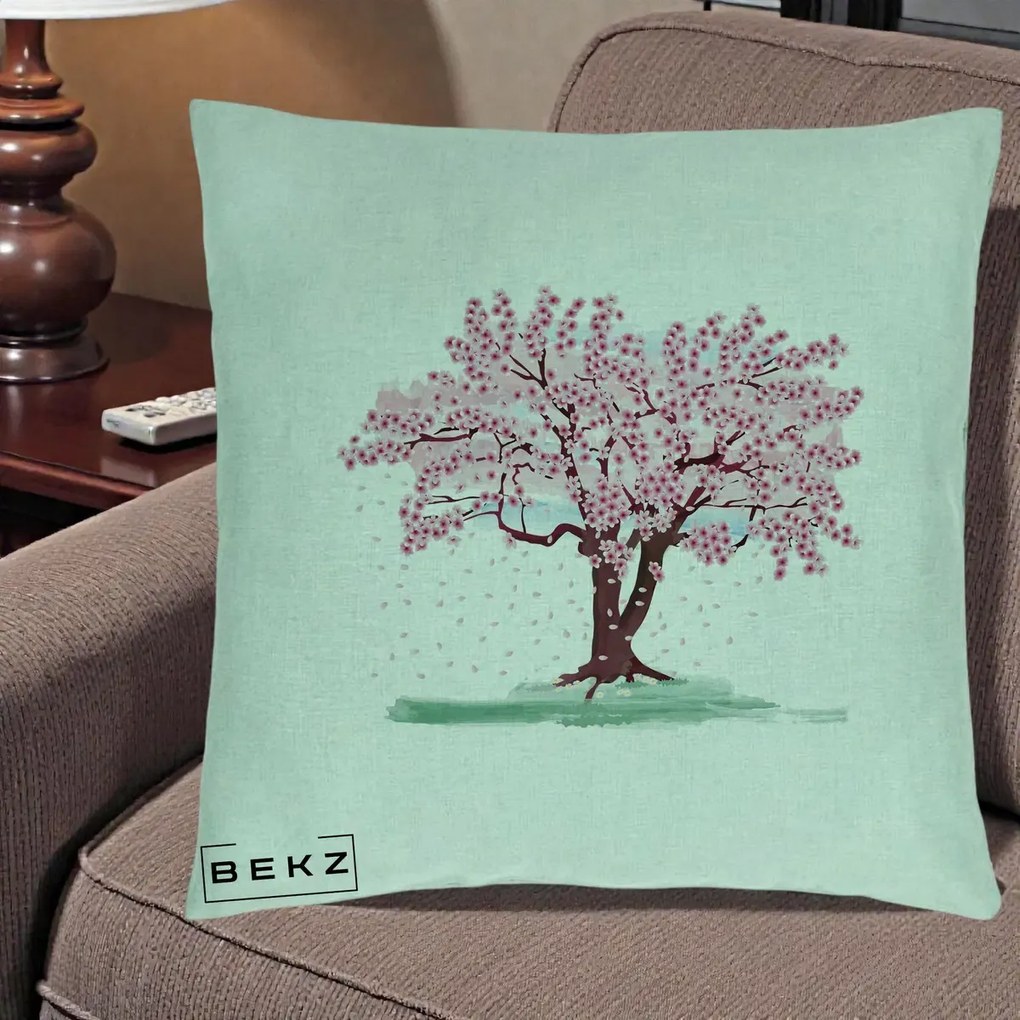 Perna Decorativa Cires Inflorit Acuarela, 40x40 cm, Verde Menta, Husa Detasabila, Perna Inclusa, BEKZ®