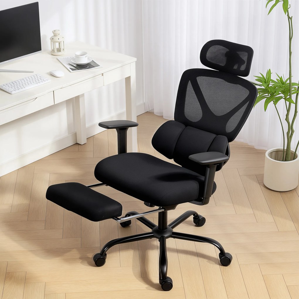 HOMCOM Scaun de birou ergonomic, cu suport lombar dinamic și suport pentru picioare, 73x75x120-128 cm, negru | Aosom Romania