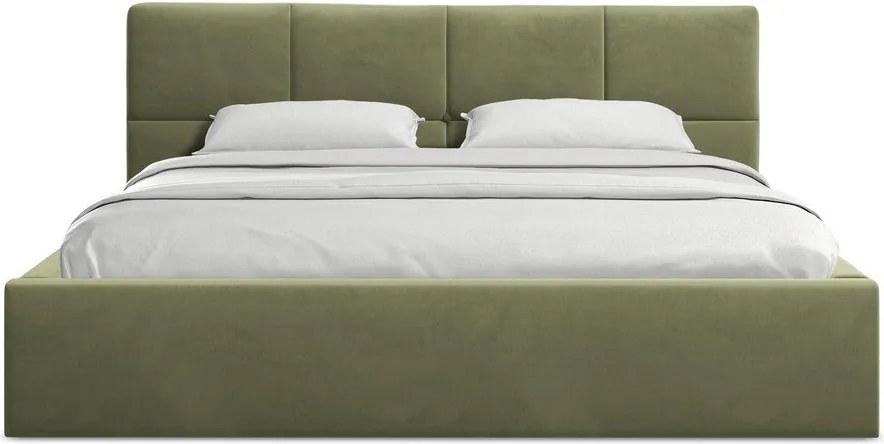 Pat matrimonial verde tapițat din catifea cu spațiu de depozitare cu somieră 140x200 cm Hiko – Makamii