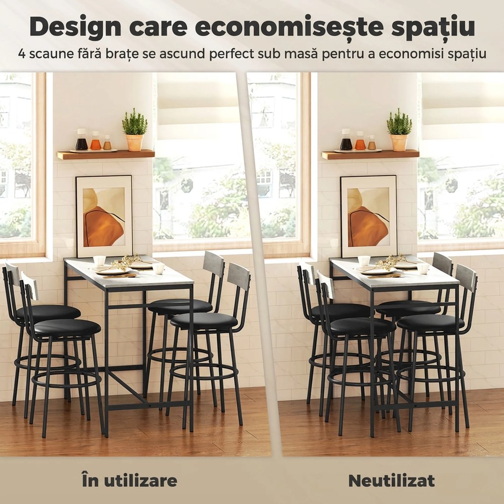 HOMCOM Set cu Masă Înaltă și 4 Scaune de Bar cu Spătar Stil Industrial Gri | Aosom Romania