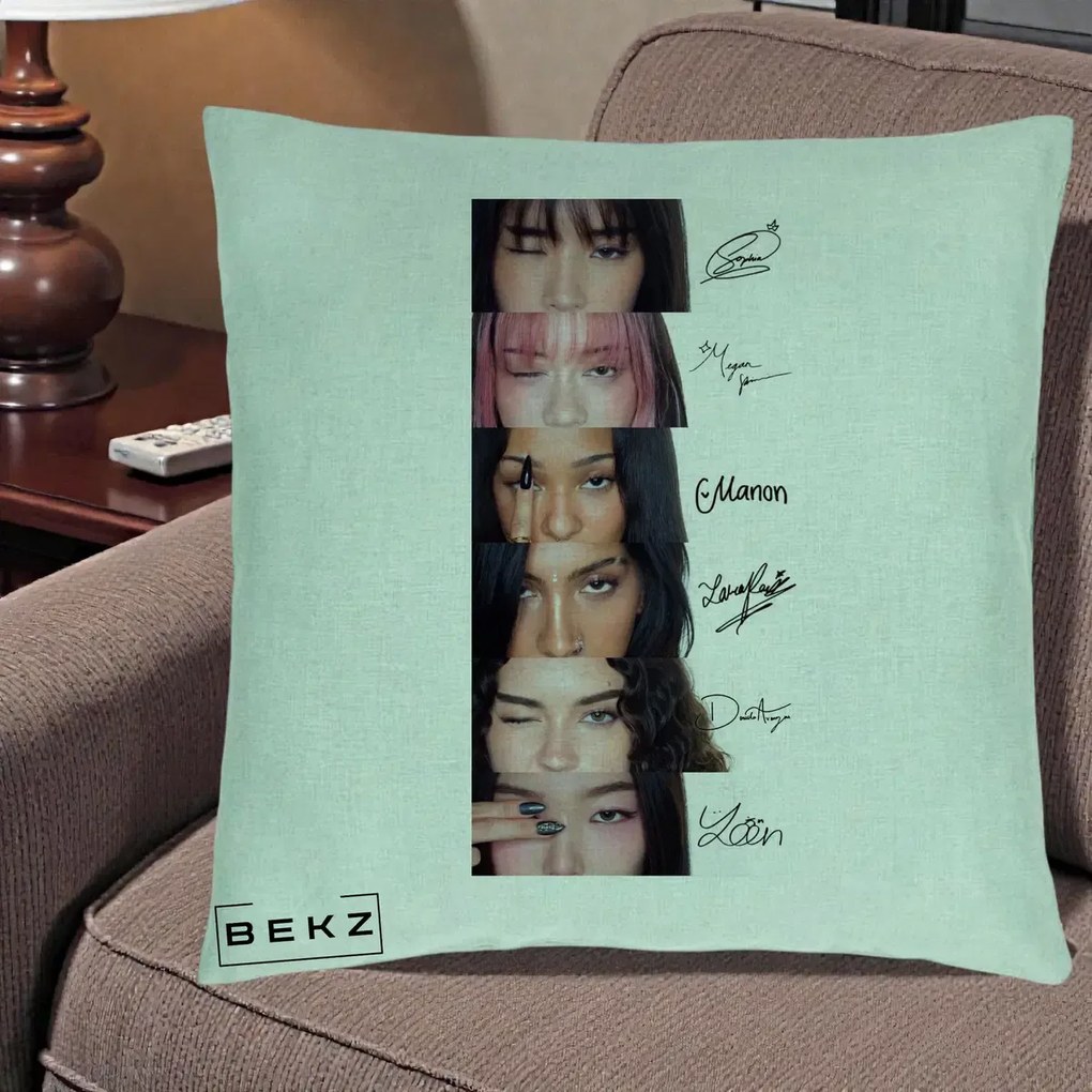 Perna Personalizata K-pop KATSEYE Semnaturi fara Foto, 40x40 cm, Verde Menta, Husa Detasabila, Perna Inclusa, BEKZ®