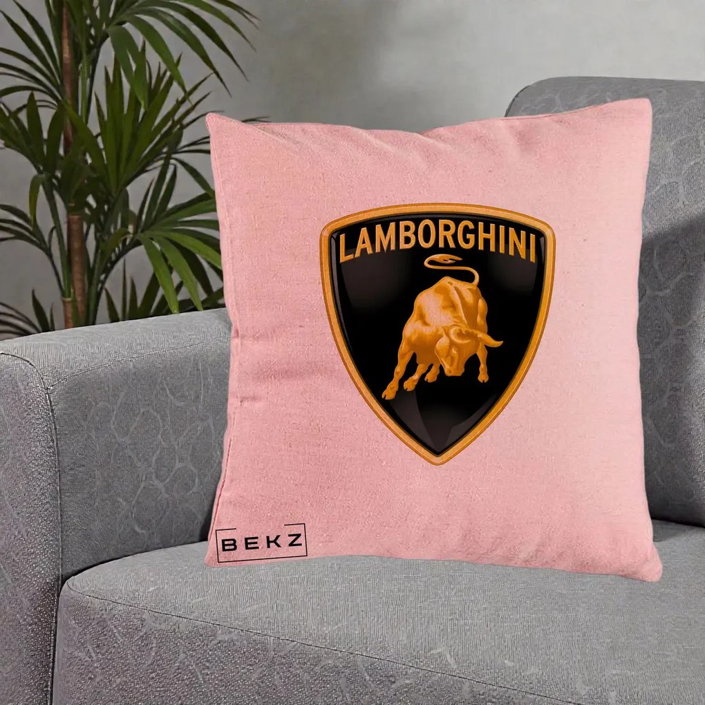 Perna Personalizata cu emblema Lamborghini, 40x40 cm, Roz, Husa Detasabila, Perna Inclusa, BEKZ®
