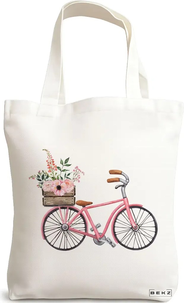 Sacosa de Panza pentru Cumparaturi, Geanta Tote, model Spring on Two Wheels, 38x34.5 cm, Alba, BEKZ®