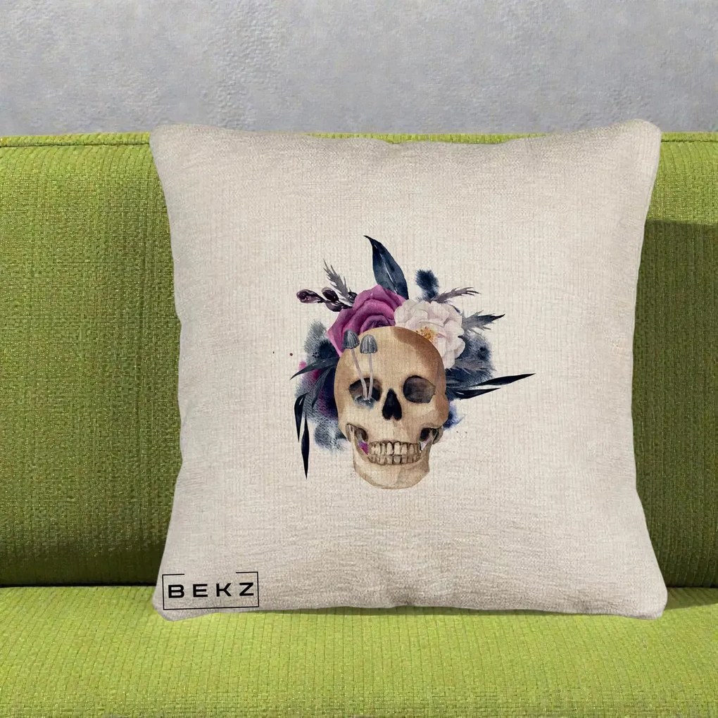 Perna Decorativa Craniu Floral cu Trandafiri si Ciuperci, 40x40 cm, Bej Canapea, Husa Detasabila, Perna Inclusa, BEKZ®